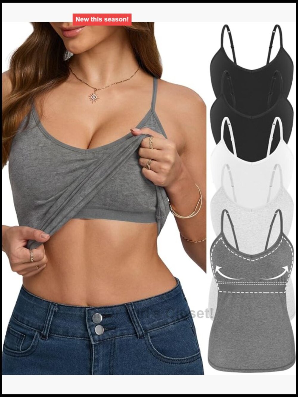 5 Pack Cotton Blend Camisoles with Shelf Bra V-Neck Tank Tops for Women